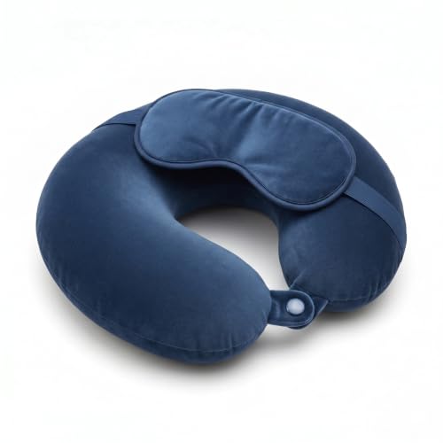 Image of Travel Neck Pillow for Adults, Fiber Filled U-Shaped Neck Support Pillow with Button Closure, Soft Plush Neck Cushion for Airplane, Car, Office & Travel (Light Blue)