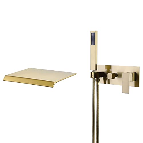 Artbath Brushed Gold Bathtub Faucet with High Flow Waterfall Spout and Hand Shower Wall Mount Waterfall Tub Filler Faucet