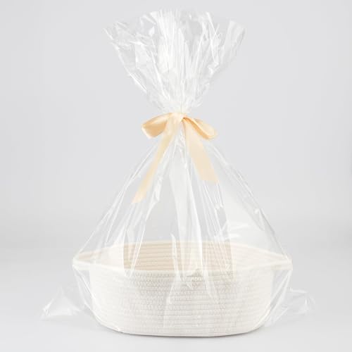 Panier cadeau vide à garnir en corde de coton tressée – Corbeille de présentation avec sac transparent et ruban – Panier en corde de coton tressée pour...
