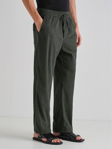 Image of Banana Club Deep Black Corduroy Pant - Regular Fit, Solid, Corduroy Casual Trousers with Textured Fabric, Comfortable Fit