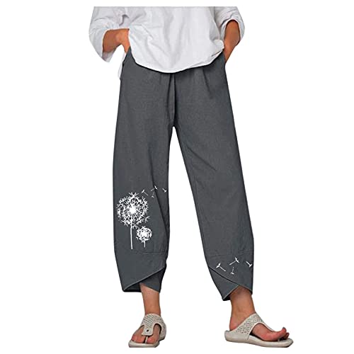 Image of Cotton Linen Capri Pants for Women 2025 Casual Printed Cropped Palazzo Pants Elastic Waist Lounge Baggy Trousers