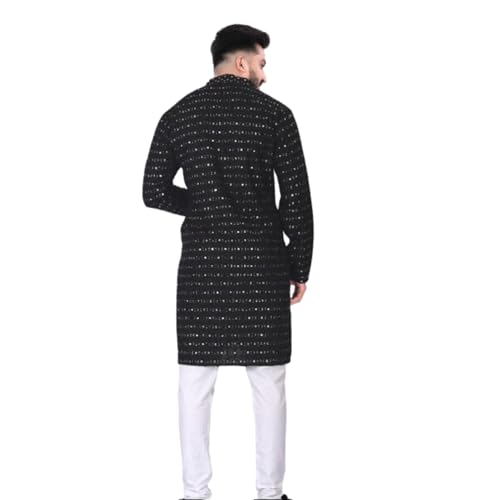 Men's Embroidered Sequined Kurta with White Pyjama Set Indian Traditional Party Wear Outfit-Ethinic Wear4