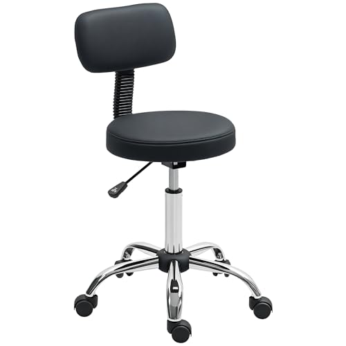 HOMCOM Taburete Giratorio Taburete con Ruedas y Respaldo con Altura Regulable 78-93 cm Asiento Tapizado de Cuero Sintético para Oficina Dormitorio Negro