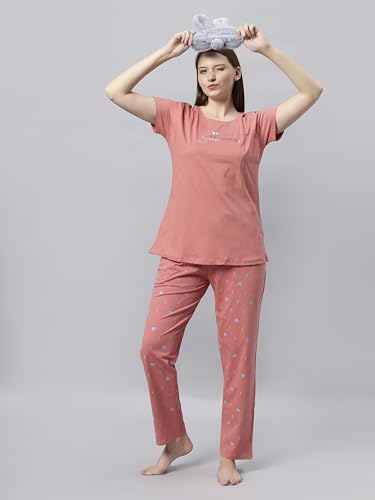 Image of DZZO Women's Cotton Printed Night Suit Set of T-Shirt & Pyjama, Night wear Dress, Relaxed wear for Women /Girls