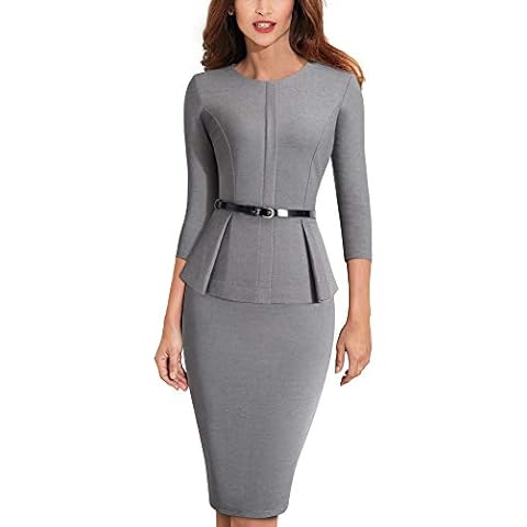 HOMEYEE Women's Elegant Round Neck Peplum Belt Business Dress B473 (UK 10 = Size M, Grey) Cover