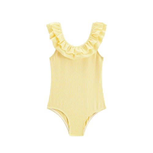 LIZENS Girls One Piece Swimwear Yellow Stripe Ruffle Striped Swimsuit for Kids 2-12