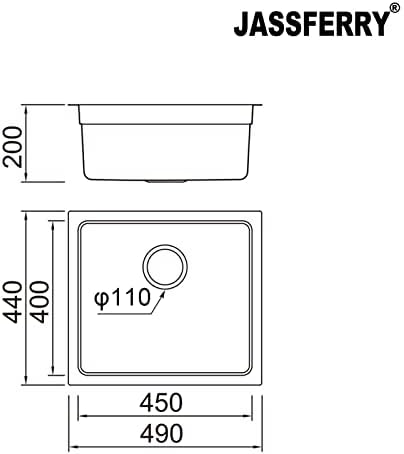 JASSFERRY Undermount Kitchen Sink Single Deep Bowl with Stainless Steel Dish Drainer Rack with Strainer Waste, 490 x 440 mm