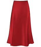 Modegal Women's Satin High Waist Hidden Elasticized Waistband Flared Casual A Line Midi Skirt (Red, Large)