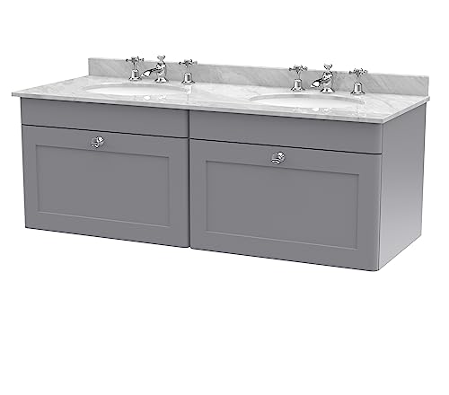 Image of nuie CLC294GR6 Classique Wall Hung 2 Drawer Unit & 3 Tap Hole Double Marble Top with Round Basin, 1200mm, Satin Grey