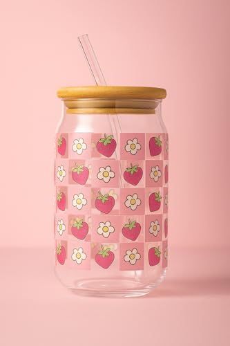 Image of THE UMBRELLA STORE Glass Tumbler Bamboo Lid and Straw, Coffee Tumbler, Reusable Glass (Daisy and Strawberry)