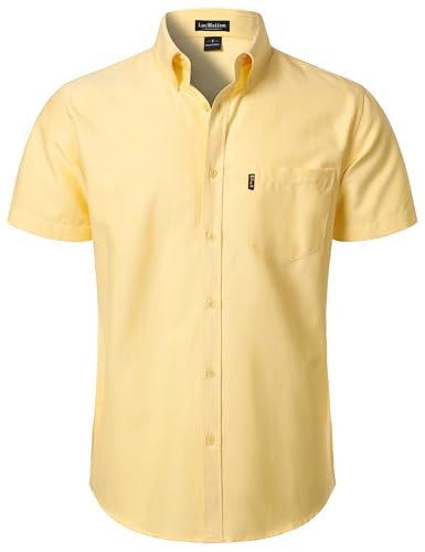 LucMatton Mens Oxford Short-Sleeve Button-Down Shirt Summer Casual Regular-fit Dress Shirts with Pocket Light Yellow Large