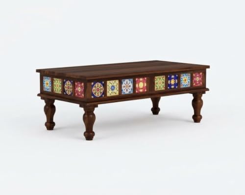 Image of JEENWOOD Sheesham Wood Rectangle Center Coffee Table for Living Room | Centre Table for Drawing Room, Office & Home | Multicolor Tiles Design| Walnut Finish