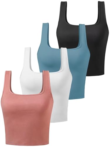 Image of BryticFlow Cotton Crop Tops for Women Tank Tops Ladies Square Neck Going Out Tops Gym Athletic Sports Shirts Exercise Undershirts 4 Pack Black/White/Blue/Coral Red S