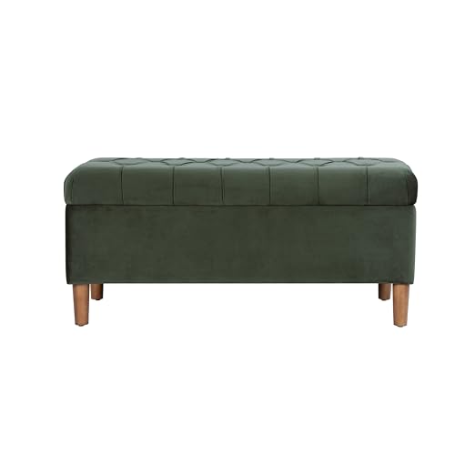 HomePop Home Decor | Tufted Ainsley Button Storage Ottoman Bench with Hinged Lid | Ottoman Bench with Storage for Living Room & Bedroom,Loden Green Velvet