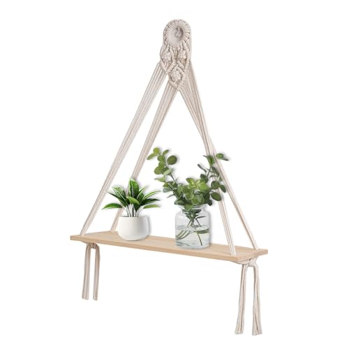 Jilskl Estante Colgante de Madera, Estantería Flotante Tejida a Mano, Estantes Boho con Estante de Madera, Adecuado para Sala de Estar, Balcón, Dormitorio, Habitación Infantil, 40 x 15cm