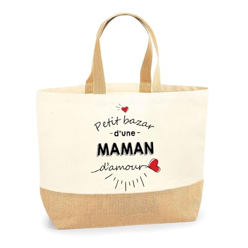 Planetee Sac Maman d’Amour | Grand Cabas en Toile de Jute pour Courses ou Sorties, Idéal Plage, Cadeau Original pour Maman, Anniversaire ou Fête des Mères