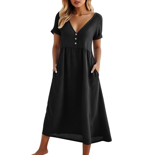 Damen Kleider Sommer V-Ausschnitt Midikleid Lang Sommerkleid Elegant Halbknöpfen Tunika Kleid Einfarbig Strandkleid Boho Casual Lose Swing Lässig Kleid Kurzarm Kleider mit Taschen