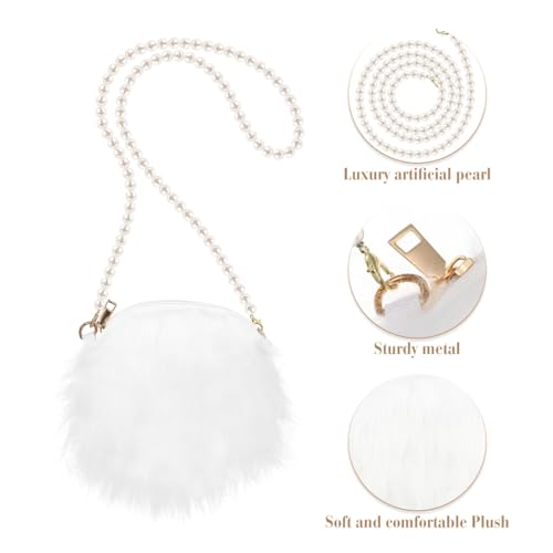 Crossbody Bag Plush Pearl Chain Cellphone Purse Small Fuzzy Shoulder Pouch for Women Ladies Girls - White4