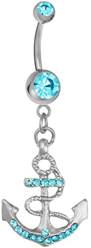 Forbidden Body Jewelry Surgical Steel Aqua Blue CZ Crystal Anchor Nautical Dangle Belly Button Ring