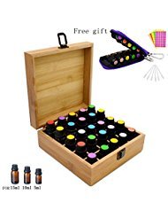 Aromatherapy Essential Oil Bamboo Storage Box Holds 25 Orificer Bottles 5-10-15ML,Fit for Young Living, Pure Body Naturals, doTERRA and others, with Key Chain, Amber Vials, Cap labels, Droppers