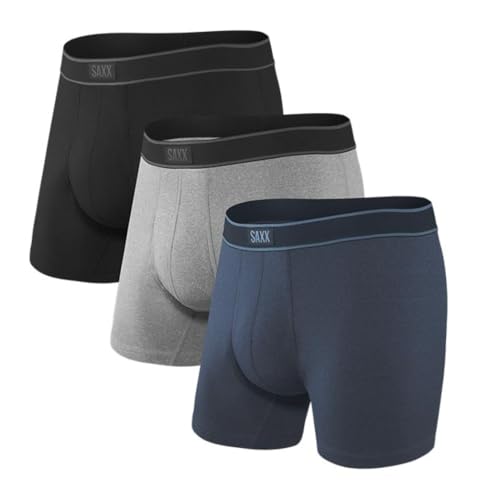 SAXX Underwear Co. Men's Daytripper Comfort Stretch Boxer Brief Fly 3-Pack, Black/Grey/Navy, Medium