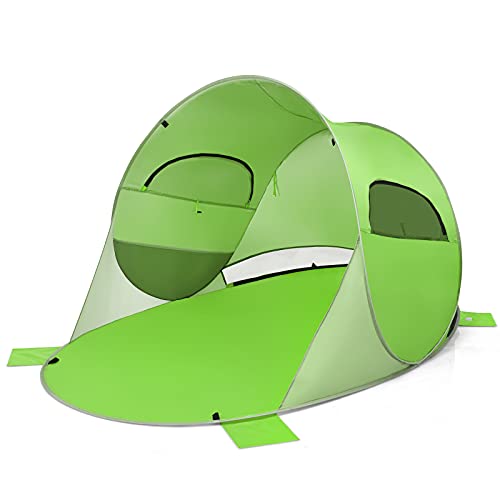 RELAX4LIFE Strandzelt 3-4 Personen, Sonnenzelt mit 4 Seilen & 8 Bodennägeln & 4 Sandsäcken, Strandmuschel mit 2 Fenstern, leicht & faltbar, Sonnenschutz mit Tragetasche, Strand Garten Camping (Grün)