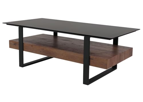 Mendler Couchtisch HWC-L88, Wohnzimmertisch Tisch, Ablage Eisen 43x120x60cm Sinterstein Marmor-Optik schwarz Holz Dunkelbraun – Bild 7