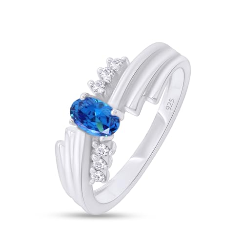 AFFY 6X4MM Oval Shape Simulated Birthstone and Round Natural Diamond Engagement Ring in 14K White Gold Over 925 Sterling Silver4