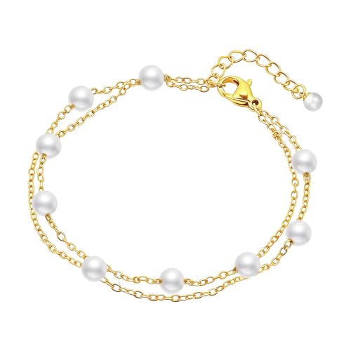 Image of DAYANEY Pearl Bracelets for Women, Gold Bracelet Silver Pearl Jewelry as Summer Gifts for Girls, Dainty Daisy and Heart Braclets Cute Floral Prom Jewelry for Bridesmaid Brazaletes Para Mujer