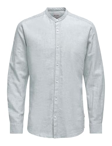 Hombres O&S Camisa de Lino Ligero Manga Larga Ajustada Blusa Básica Unicolor ONSCAIDEN, Color:Azul-3, Talla:L