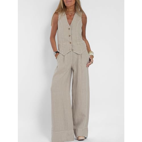 Linen Set for Women 2 Piece Vest and Pants Sets V Neck Button Down Tops Wide Leg Pants Suits Casual with Pockets4