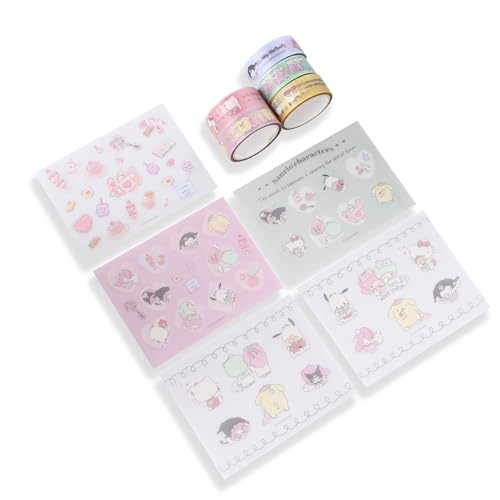 Image of GASHINA STORY Masking Tape & Stickers Set - 5 Pcs for Crafts & Decor - Twinkle Pearl Design - Cute Kawaii Masking Tape Bulk - for Diary /Journal /Planners - Gift Box (San-Rio Characters)