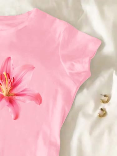 Image of RoseSeek Girl's Floral Graphic Crop Tops Tees Short Sleeve Crewneck Cute Slim Fit T Shirt Summer Tops