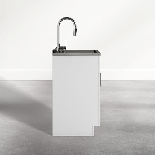 Image of SIMPLIHOME Modern Wide Shaker All-in-One 28 inch Wide Utility Sink and Laundry Cabinet in Glacier White Finish, Transitional Stainless Steel Sink Cabinet for Laundry Rooms with High-Arch Chrome Faucet