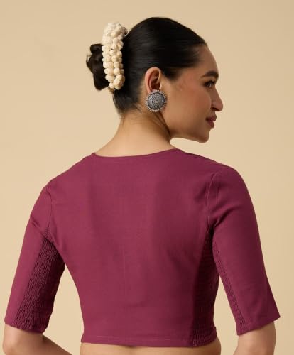 Image of Studio Shringaar Women's Thick Handloom Cotton Plain Side Stretch (Smocked) Readymade Saree Blouse