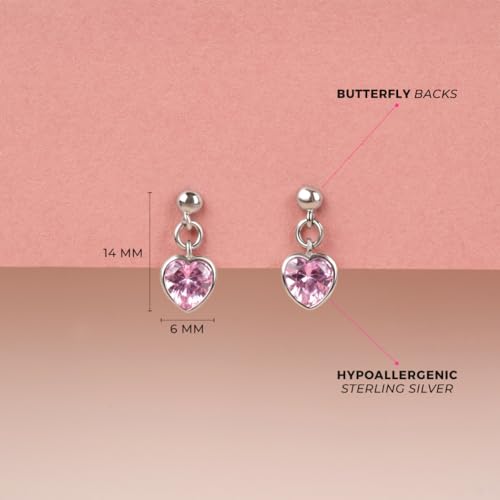 925 Sterling Silver Pink Cubic Zirconia Heart Ball Stud Dangle Earrings For Girls & Preteens- Delicate Safety Back Stud Earrings For Toddlers, Little Girls & Preteens4