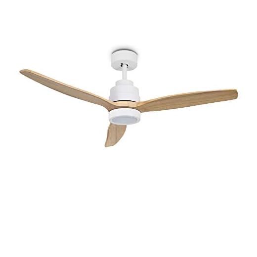 IKOHS WINDLIGHT White - Ventilador de Techo con Luz, 3 Aspas, Mando a Distancia, 132 cm de Diámetro, 6 Velocidades, Silencioso, Temporizador, Aspas de Madera, 3 Tipos de Luz, 40W ((Madera Natural)