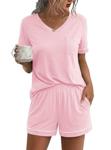Image of Ekouaer Pajamas for Women Set Short Sleeve Loungewear Soft Pjs Shorts Set | V Neck Sleepwear with Pocket,Comfy Lounge Sets,Comfortable Fit,lightweight,Maternity,Gift,Sleeping & Bedtime,Lounging at Home