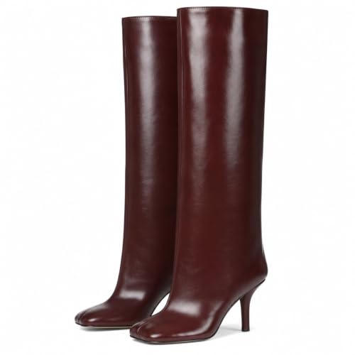 Image of DOBOYG Knee High Suede Boots for Women Wide Calf Square Toe Tall Boots | Stiletto High Heels Pull On Fashion Long Booties