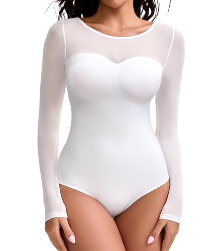 ciksob Womens Long Sleeve Shapewear Bodysuit for Tummy Control Body Suits Sheer Mesh Round Neck Leotard Going Out Tops Fall Outfits (White Small)