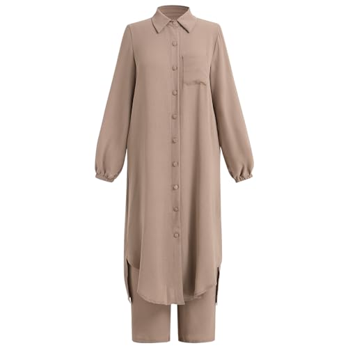 Image of IDOPIP Abaya Dress for Women Muslim Set Long Sleeve Chiffon Islamic Dress Shirt with Pants 2PCS Dubai Prayer Casual Clothes