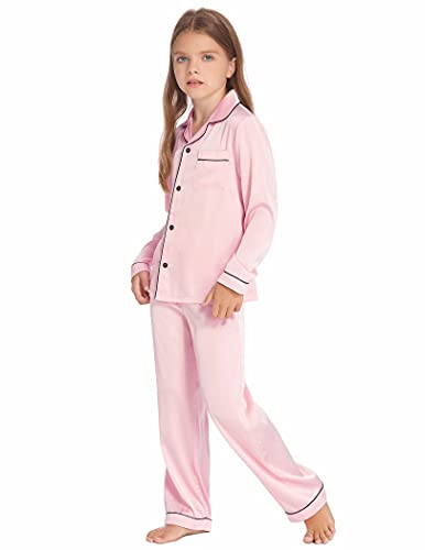 Ekouaer Button Down Satin Pajamas Set For Girls Classic Silk Pjs Elastic Waist Nightshirt Soft Sets Plus Size(Pink,140) #TOP4