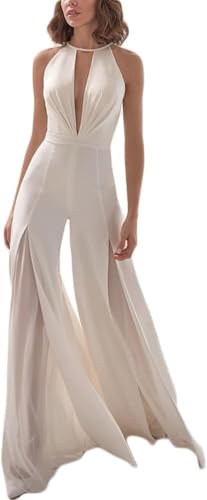 Juankrynord Mono sexy con cuello en V profundo para mujer elegante de encaje sin mangas liso cóctel fiesta de noche traje festivo pantalones casuales, mono largo y largo (Blanco,S)