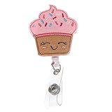 Cute Felt Smiling Pink Cake Badge Holder Retractrble ID Badge Holder Badge Reel Gift for Nurse/Doctor/Medical Staff
