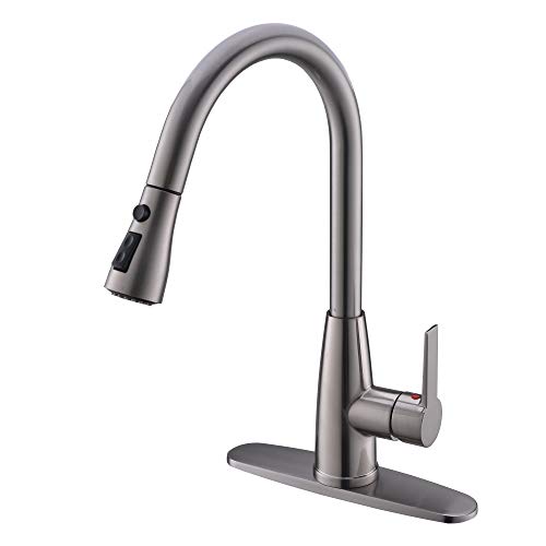 Hotis Modern High Arc 1 or 3 Hole Single Handle Stainless Steel Prep Sprayer Pull Out Pull Down Sprayer Kitchen Sink Faucet with Deck Plate