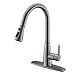 Hotis Modern High Arc 1 or 3 Hole Single Handle Stainless Steel Prep Sprayer Pull Out Pull Down Sprayer Kitchen Sink Faucet,Brushed Nickel with Deck Plate