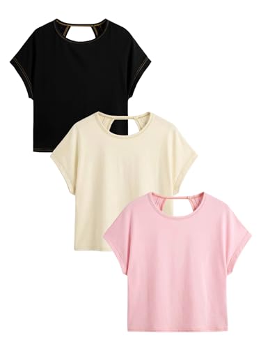 Image of RoseSeek Women's 3 Packs Open Back Tops T Shirt Criss Cross Cut Out Tee Short Sleeve Crewneck Summer Backless Tops