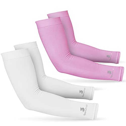 SportsTrail Cooling Arm Sleeves for Men & Women – Breathable, Moisture-Wicking Arm Sleeves for Women, Men & Kids, 2 Pairs: 1 Pair White + 1 Pair Pink, One size