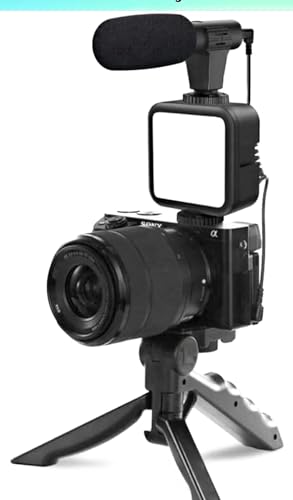 Image of Vlogging Studio kits, Mobile Phone Holder + Hand Grip /Mini Tripod Compatible with Smartphones for TikTok, Youtube, Live Streaming, Vlogging inchLike Me inch LED Video Light + Microphone