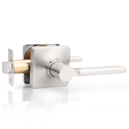 GOBEKOR 1 Pack Brushed Nickel Door Handle Interior Door Handle with Lock Passage Door Handles Nickel Door Levers for Hall Closet Modern Square Door Locks